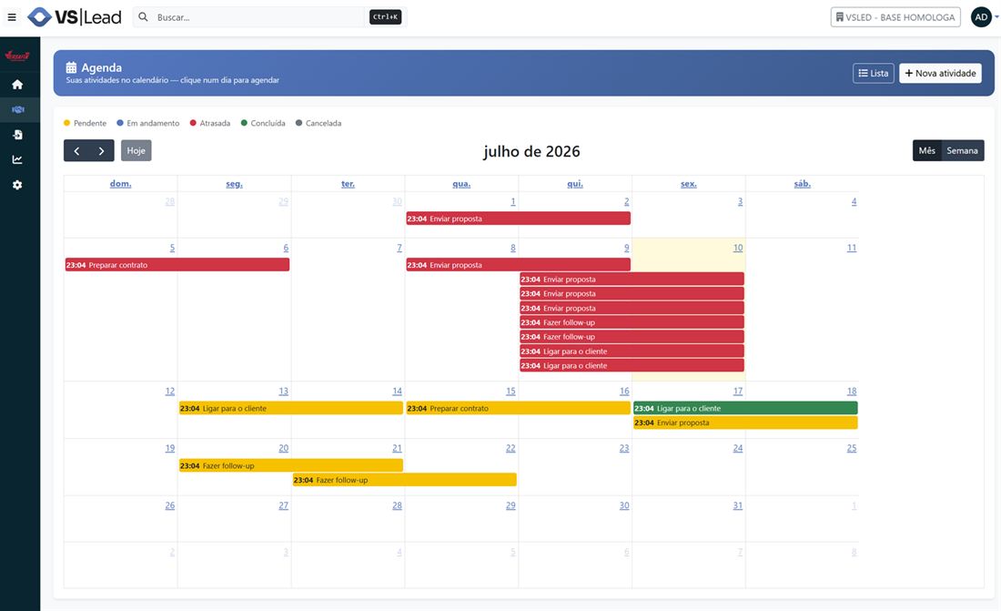 Agenda do VsLead com atividades no calendário