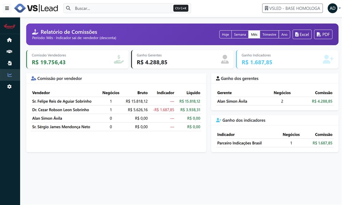 Relatório de comissões do VsLead por vendedor, gerente e indicador